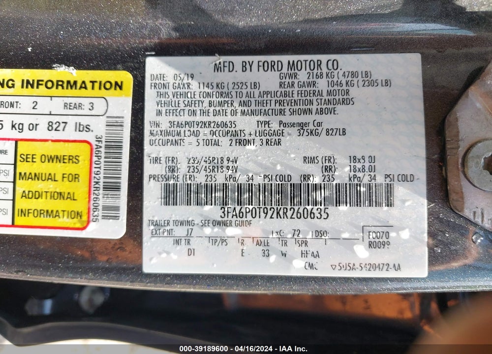 2019 FORD FUSION SE VIN: 3FA6P0T92KR260635