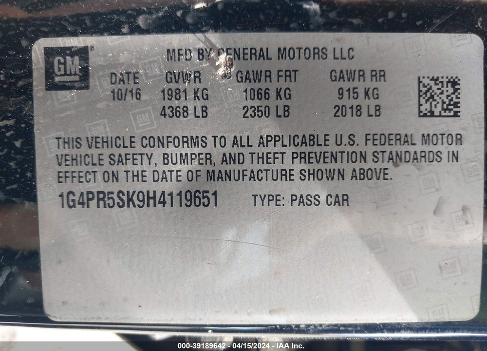 2017 BUICK VERANO VIN: 1G4PR5SK9H4119651