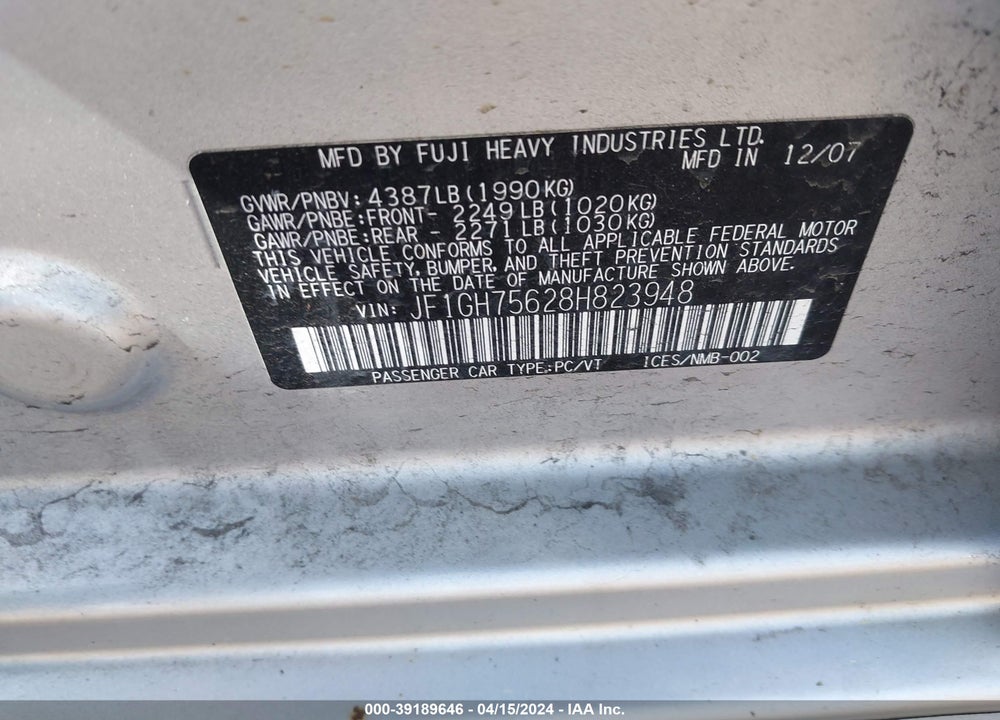 2008 SUBARU IMPREZA WRX VIN: JF1GH75628H823948
