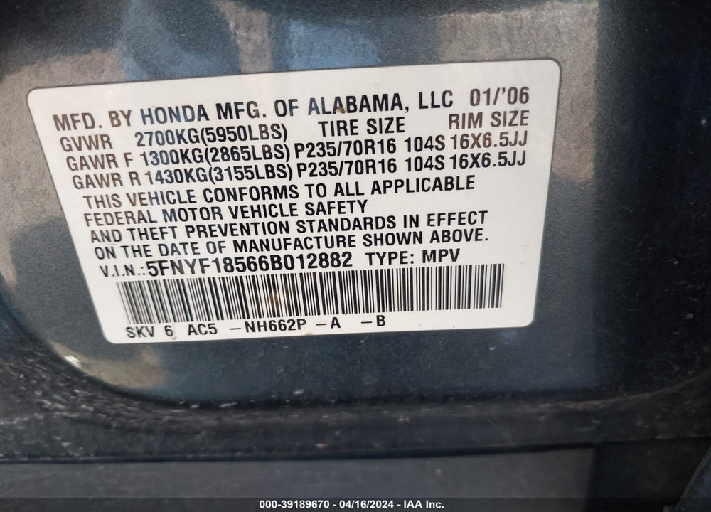 2006 HONDA PILOT EX-L VIN: 5FNYF18566B012882