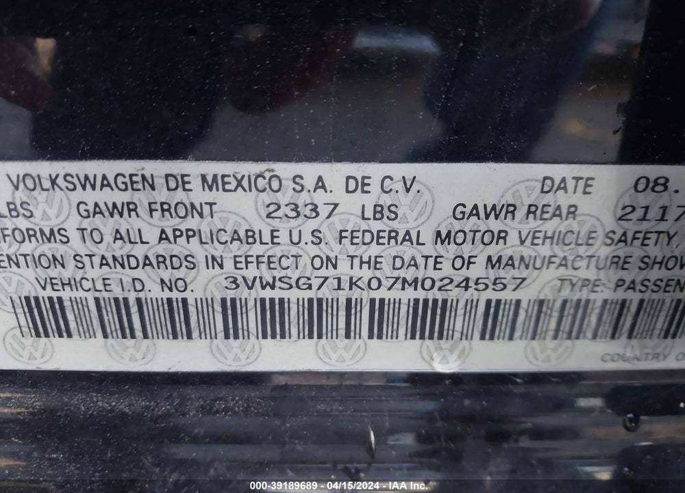 2007 VOLKSWAGEN JETTA 2.5 VIN: 3VWSG71K07M024557