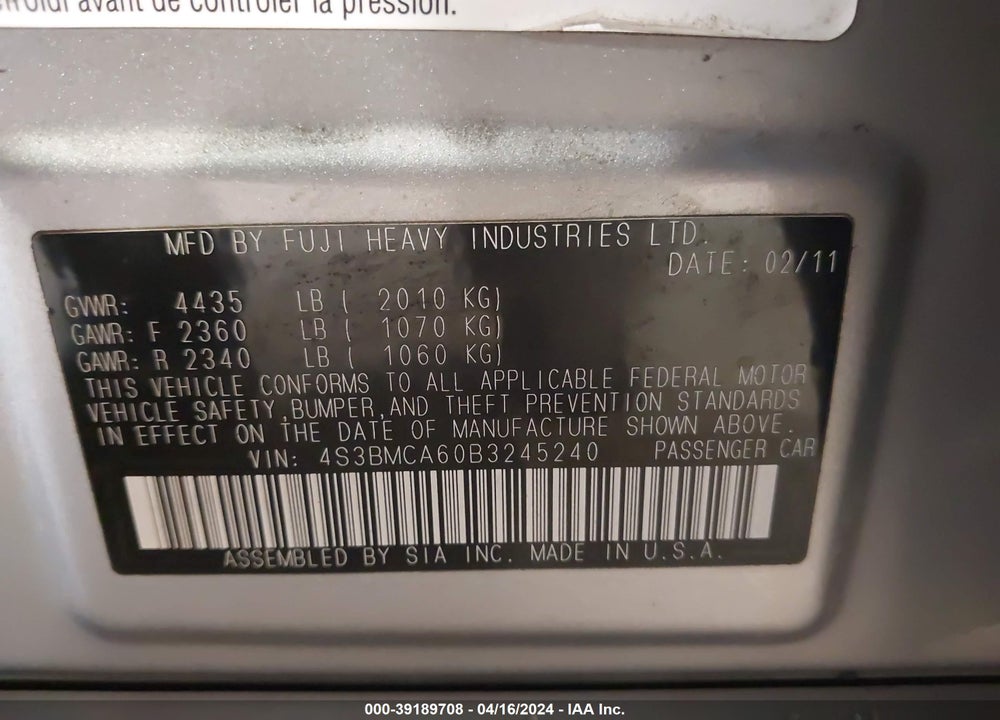 2011 SUBARU LEGACY 2.5I VIN: 4S3BMCA60B3245240