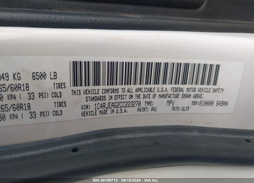 2012 JEEP GRAND CHEROKEE LAREDO VIN: 1C4RJEAG2CC223270