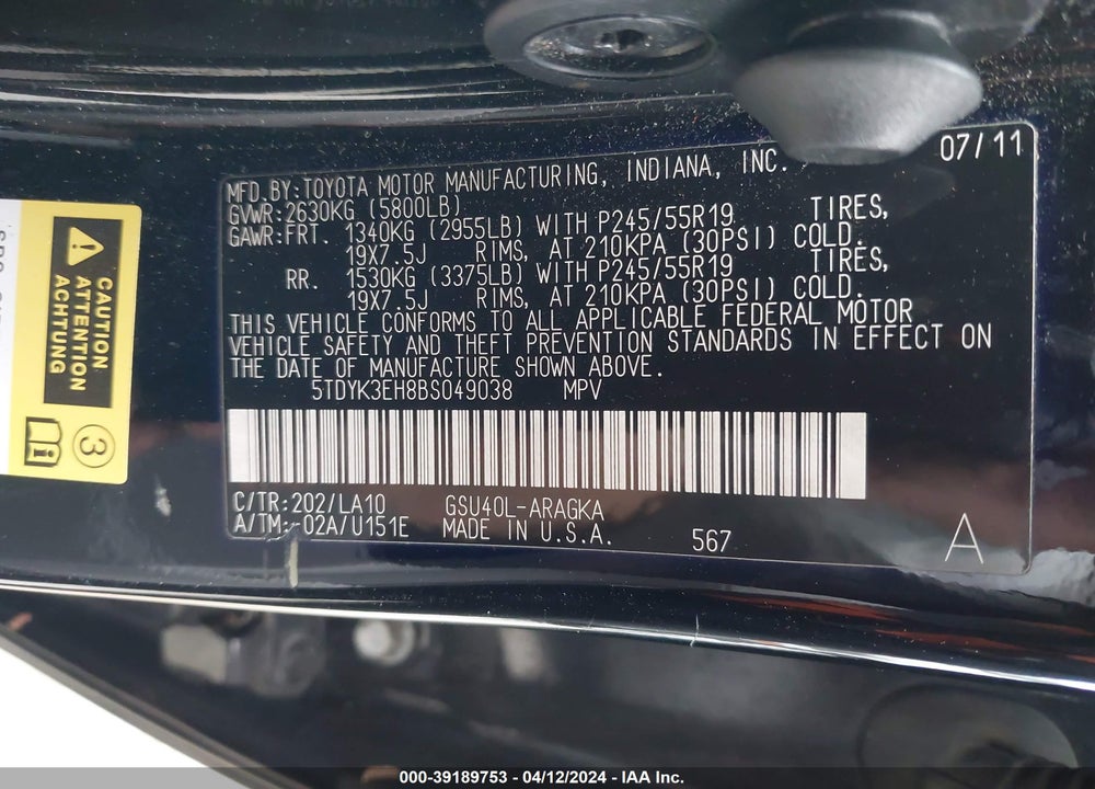 2011 TOYOTA HIGHLANDER LIMITED V6 VIN: 5TDYK3EH8BS049038
