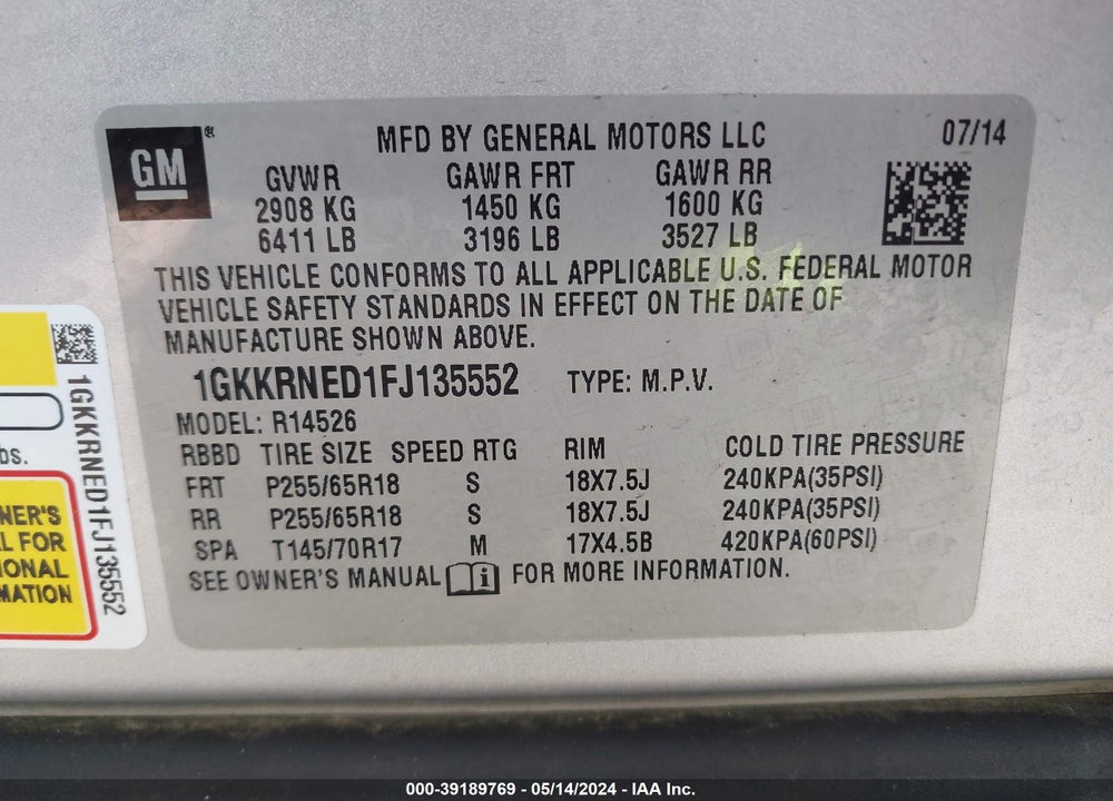 2015 GMC ACADIA SLE-1 VIN: 1GKKRNED1FJ135552