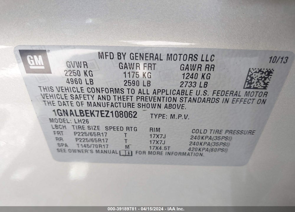 2014 CHEVROLET EQUINOX 1LT VIN: 1GNALBEK7EZ108062