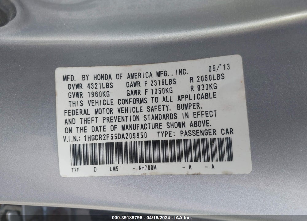 2013 HONDA ACCORD SPORT VIN: 1HGCR2F55DA209950