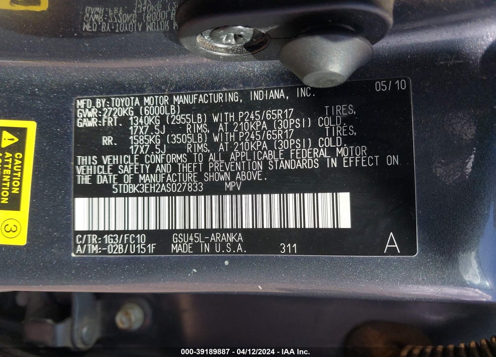 2010 TOYOTA HIGHLANDER BASE V6 VIN: 5TDBK3EH2AS027833