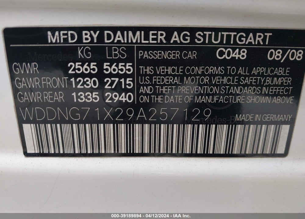 2009 MERCEDES-BENZ S 550 VIN: WDDNG71X29A257129