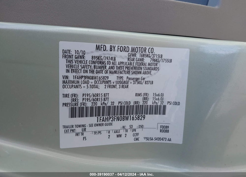 2011 FORD FOCUS SE VIN: 1FAHP3FN0BW165829