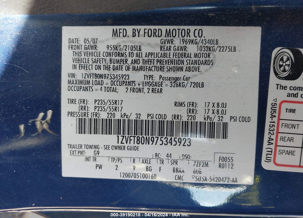 2007 FORD MUSTANG VIN: 1ZVFT80N975345923
