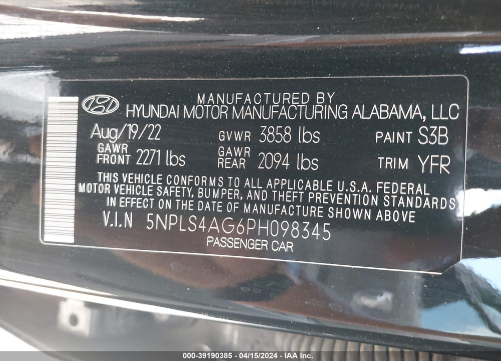 2023 HYUNDAI ELANTRA SEL VIN: 5NPLS4AG6PH098345