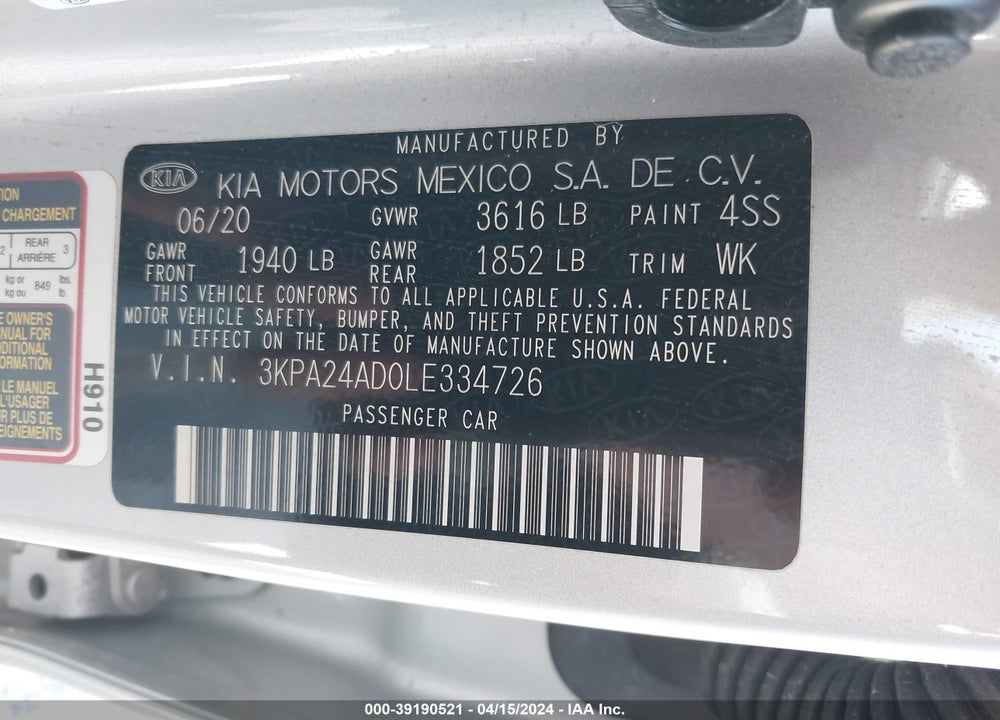 2020 KIA RIO LX VIN: 3KPA24AD0LE334726