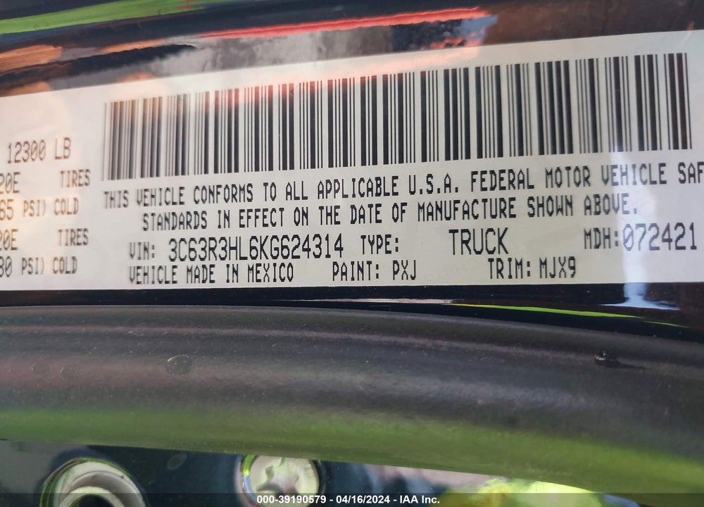 2019 RAM 3500 BIG HORN  4X4 8' BOX VIN: 3C63R3HL6KG624314