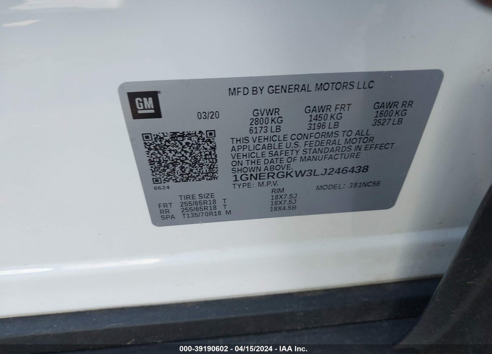 2020 CHEVROLET TRAVERSE FWD LT CLOTH VIN: 1GNERGKW3LJ246438