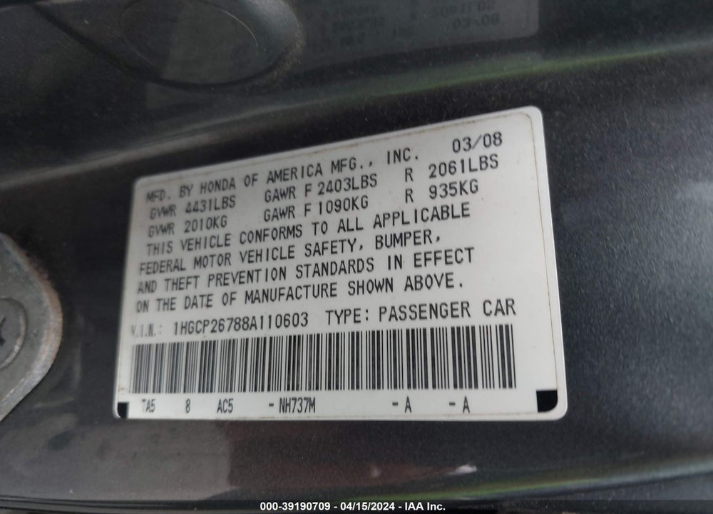 2008 HONDA ACCORD 2.4 EX VIN: 1HGCP26788A110603