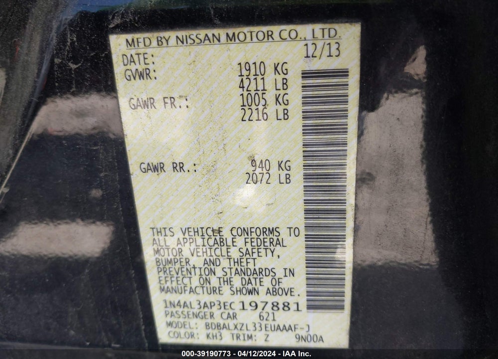 2014 NISSAN ALTIMA 2.5 SL VIN: 1N4AL3AP3EC197881