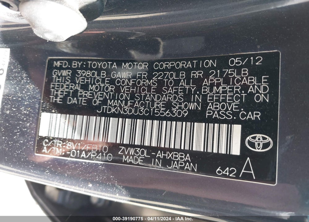 2012 TOYOTA PRIUS VIN: JTDKN3DU3C1556309