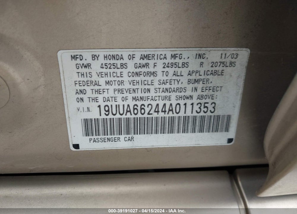 2004 ACURA TL VIN: 19UUA66244A011353