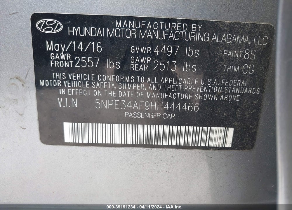 2017 HYUNDAI SONATA SPORT VIN: 5NPE34AF9HH444466