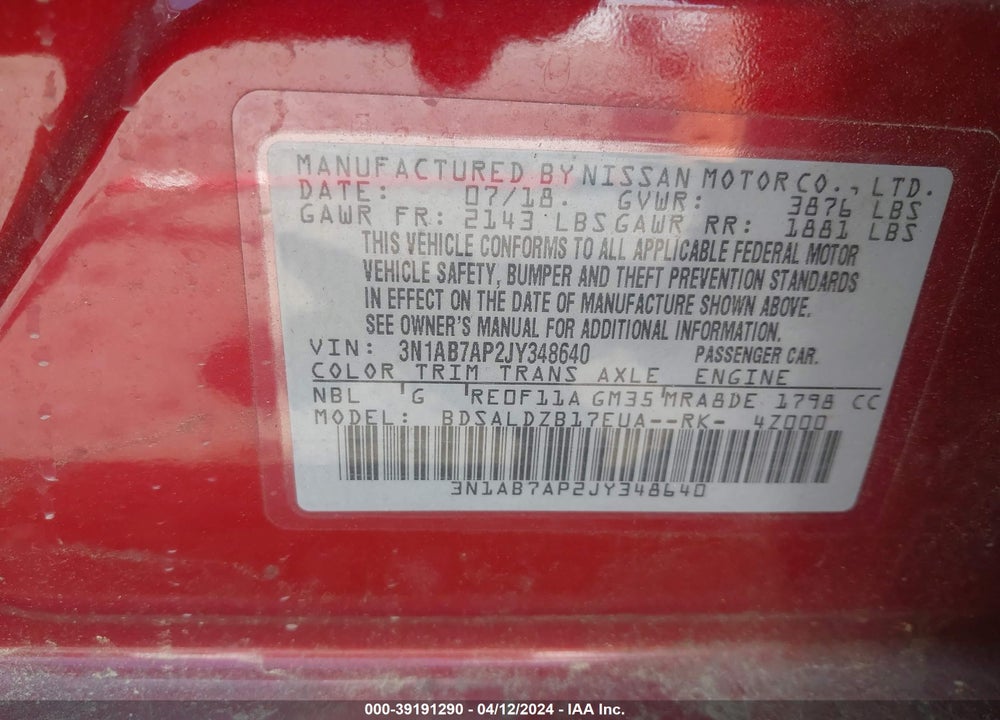 2018 NISSAN SENTRA SV VIN: 3N1AB7AP2JY348640