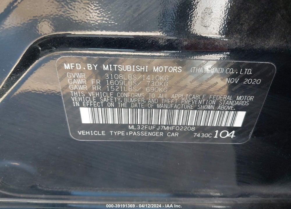 2021 MITSUBISHI MIRAGE G4 CARBONITE EDITION/ES/LE VIN: ML32FUFJ7MHF02208