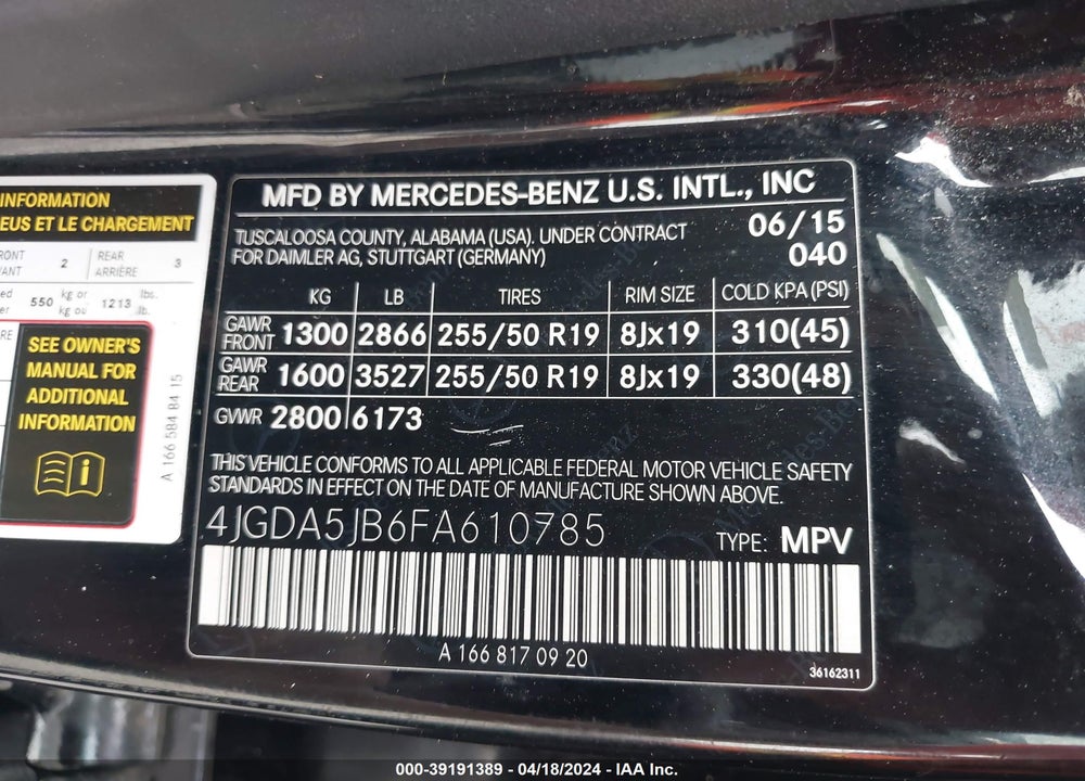 2015 MERCEDES-BENZ ML 350 VIN: 4JGDA5JB6FA610785