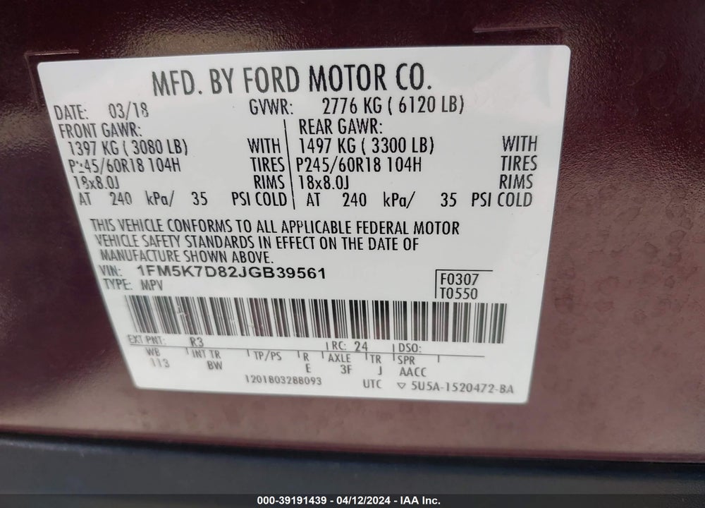 2018 FORD EXPLORER XLT VIN: 1FM5K7D82JGB39561