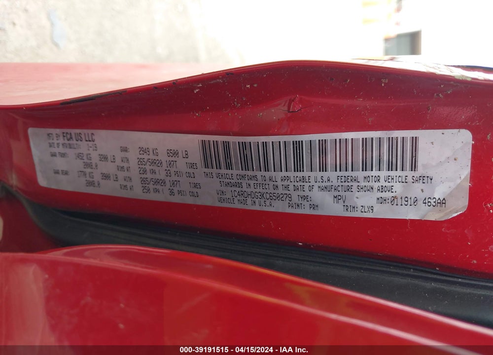 2019 DODGE DURANGO GT PLUS RWD VIN: 1C4RDHDG3KC650279