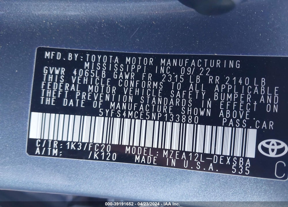 2022 TOYOTA COROLLA SE VIN: 5YFS4MCE5NP133880