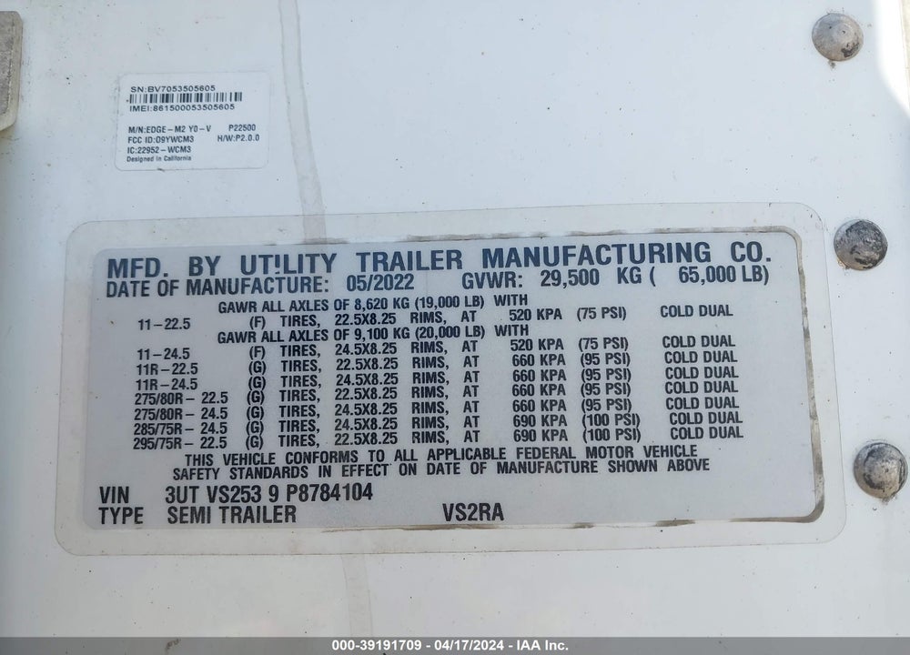 2023 UTILITY TRAILER MFG --- VIN: 3UTVS2539P8784104