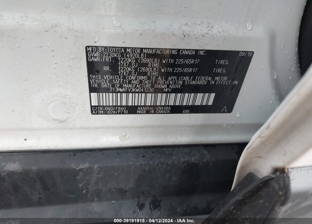 2019 TOYOTA RAV4 HYBRID LE VIN: 2T3MWRFV3KW041230