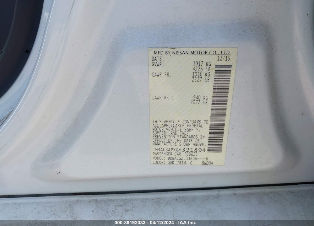 2016 NISSAN ALTIMA 2.5 S VIN: 1N4AL3APXGN321894