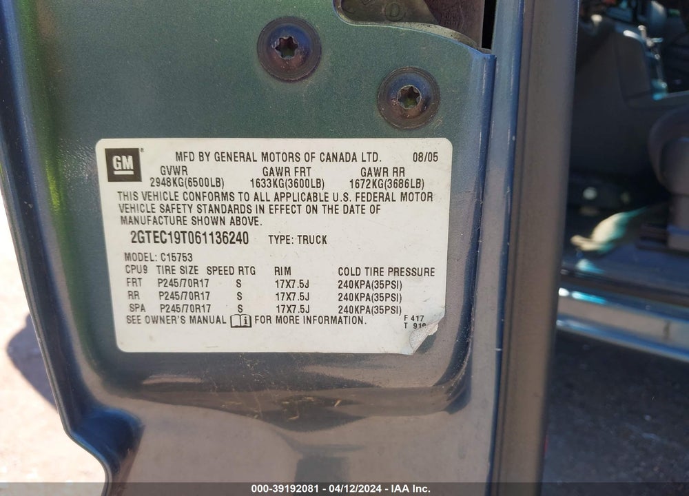 2006 GMC SIERRA 1500 SLE2 VIN: 2GTEC19T061136240