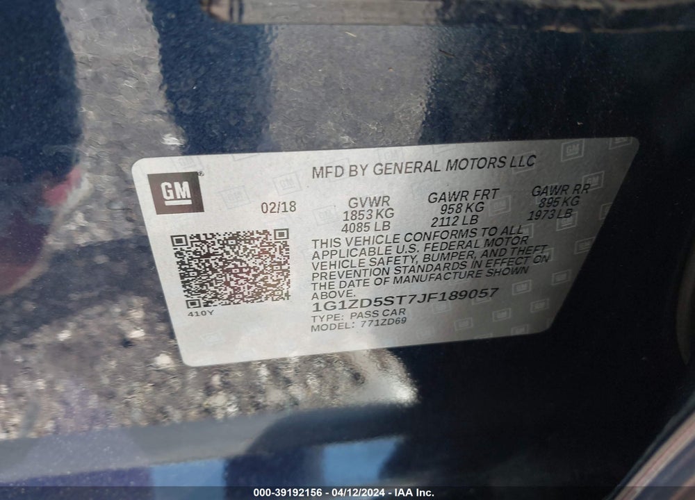 2018 CHEVROLET MALIBU LT VIN: 1G1ZD5ST7JF189057