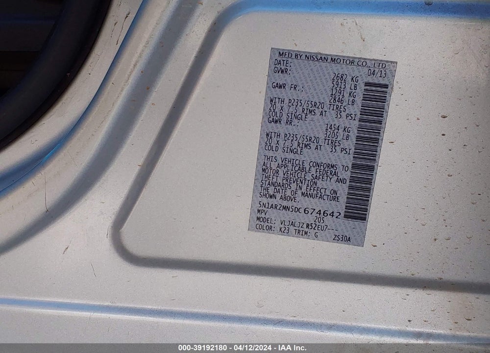 2013 NISSAN PATHFINDER PLATINUM VIN: 5N1AR2MN5DC674642
