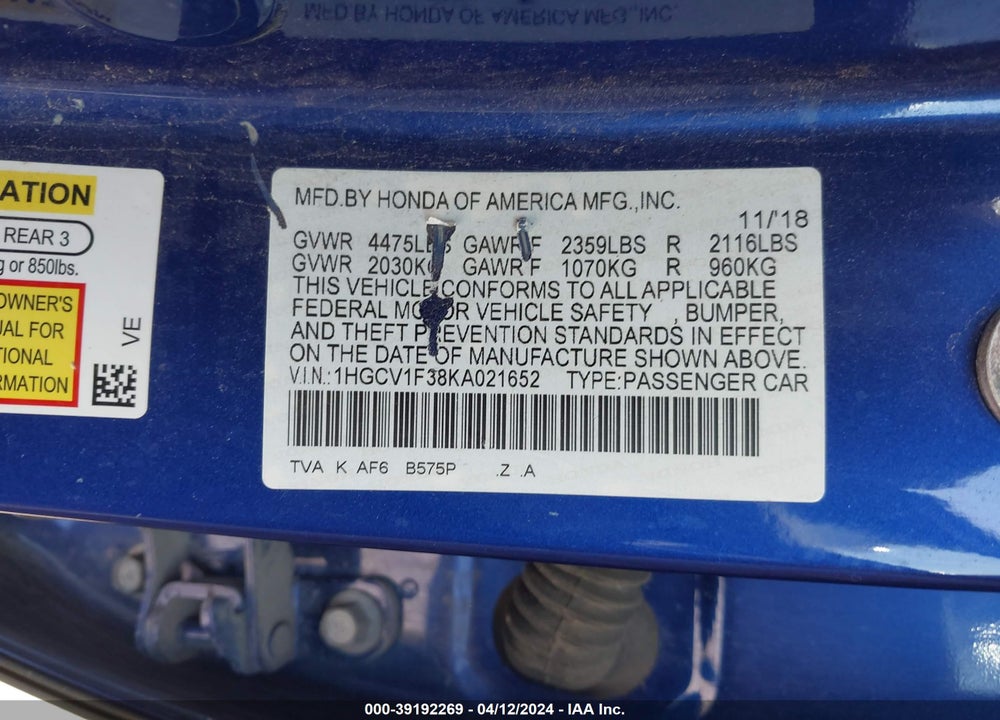 2019 HONDA ACCORD SPORT VIN: 1HGCV1F38KA021652