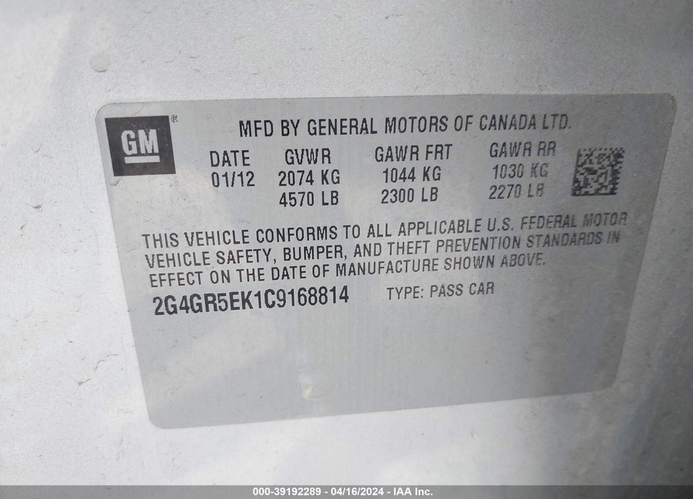 2012 BUICK REGAL VIN: 2G4GR5EK1C9168814