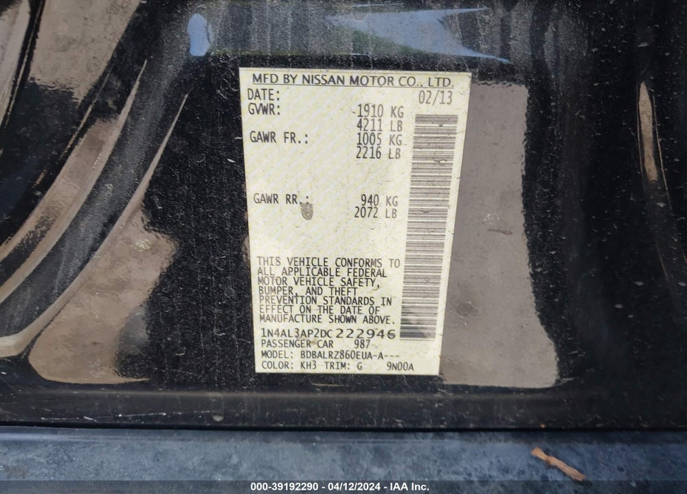 2013 NISSAN ALTIMA 2.5 S VIN: 1N4AL3AP2DC222946