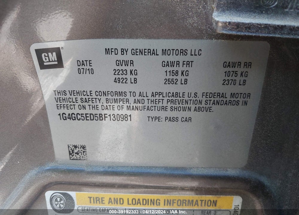 2011 BUICK LACROSSE CXL VIN: 1G4GC5ED5BF130981