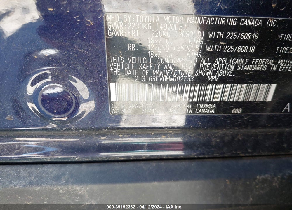 2021 TOYOTA RAV4 XSE HYBRID VIN: 2T3E6RFV0MW002733