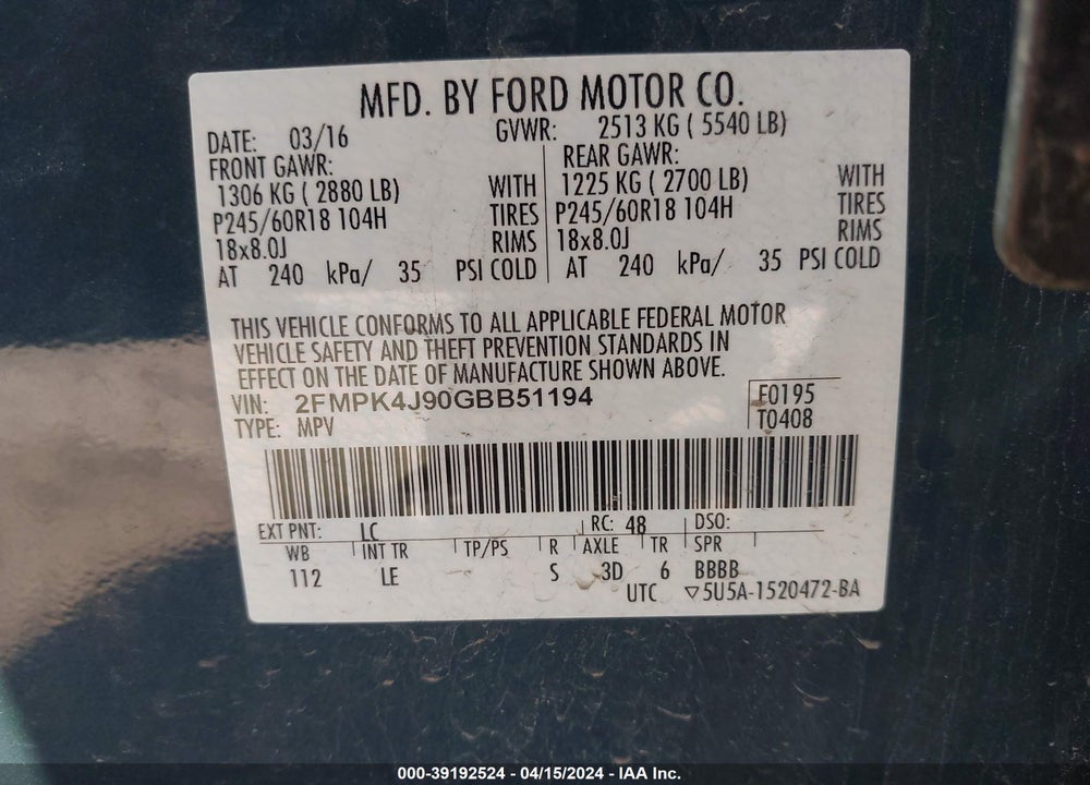 2016 FORD EDGE SEL VIN: 2FMPK4J90GBB51194