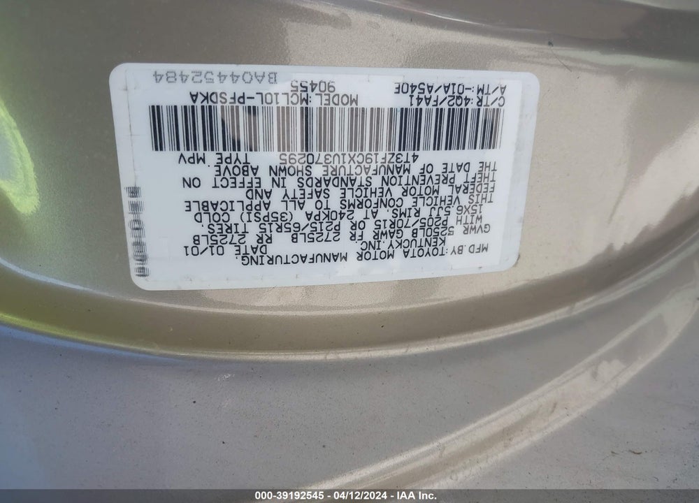 2001 TOYOTA SIENNA CE VIN: 4T3ZF19CX1U370295