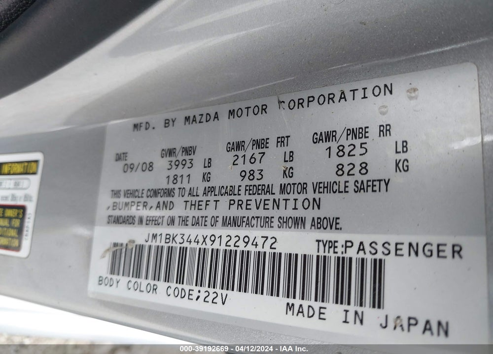 2009 MAZDA 3 S GRAND TOURING VIN: JM1BK344X91229472