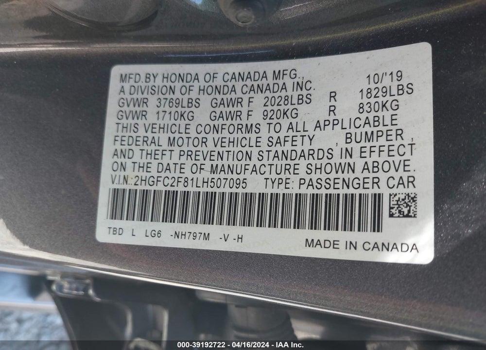 2020 HONDA CIVIC SPORT VIN: 2HGFC2F81LH507095