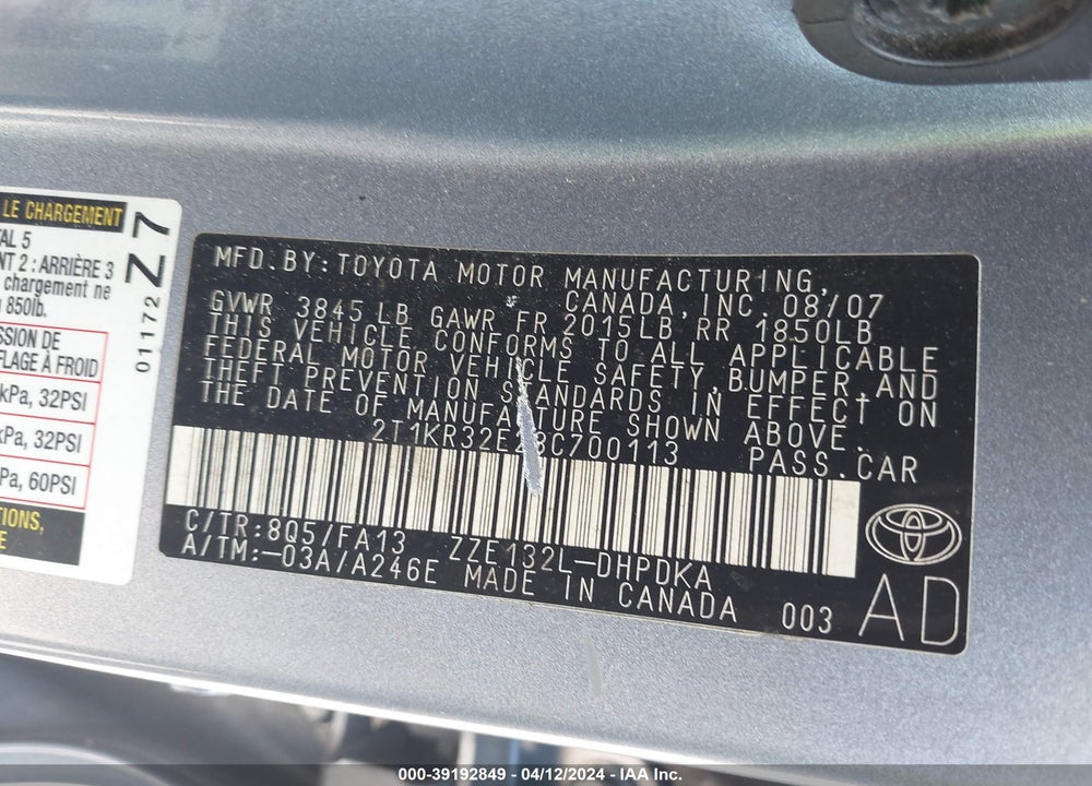 2008 TOYOTA MATRIX VIN: 2T1KR32E28C700113