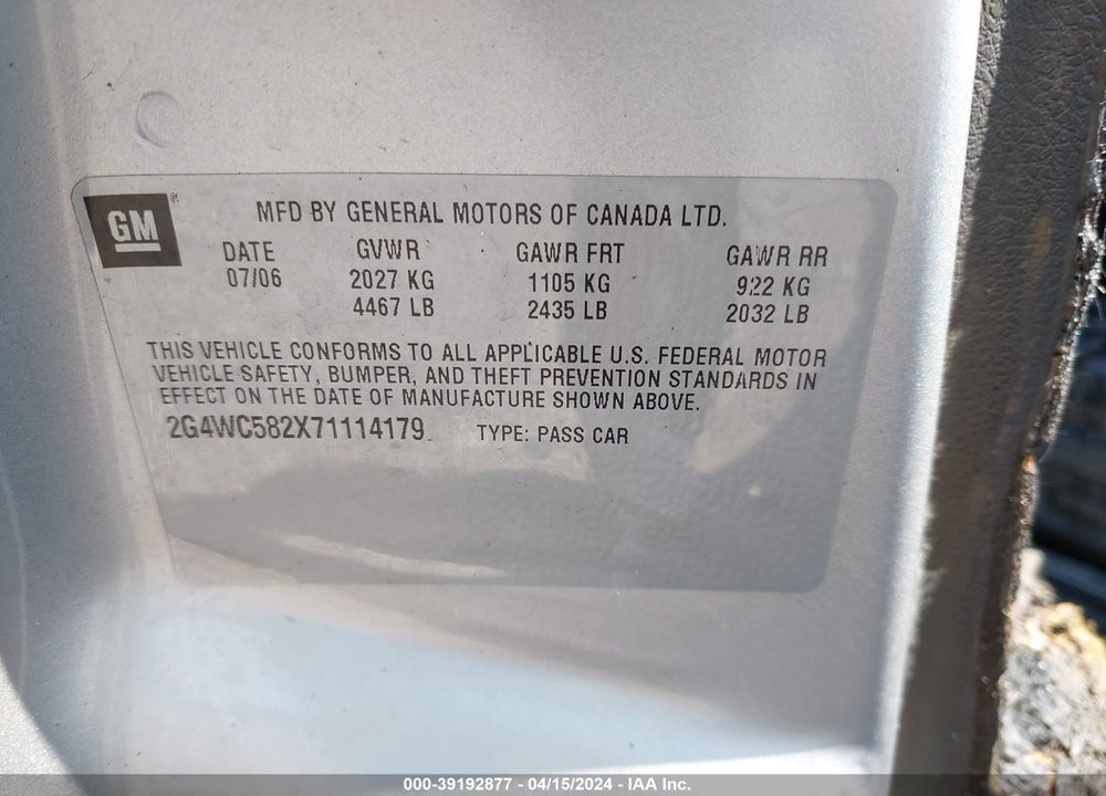 2007 BUICK LACROSSE CX VIN: 2G4WC582X71114179