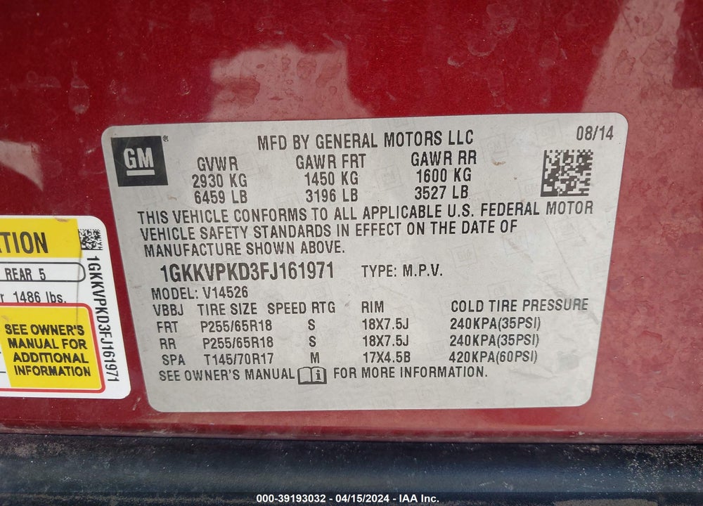 2015 GMC ACADIA SLE-2 VIN: 1GKKVPKD3FJ161971