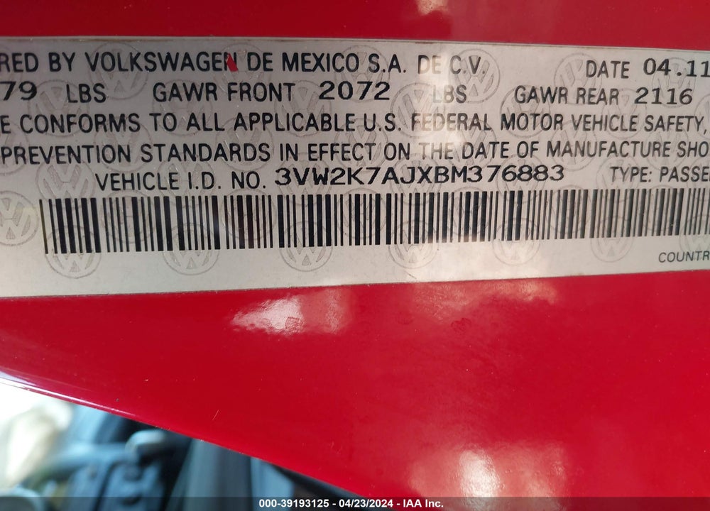 2011 VOLKSWAGEN JETTA 2.0L S VIN: 3VW2K7AJXBM376883