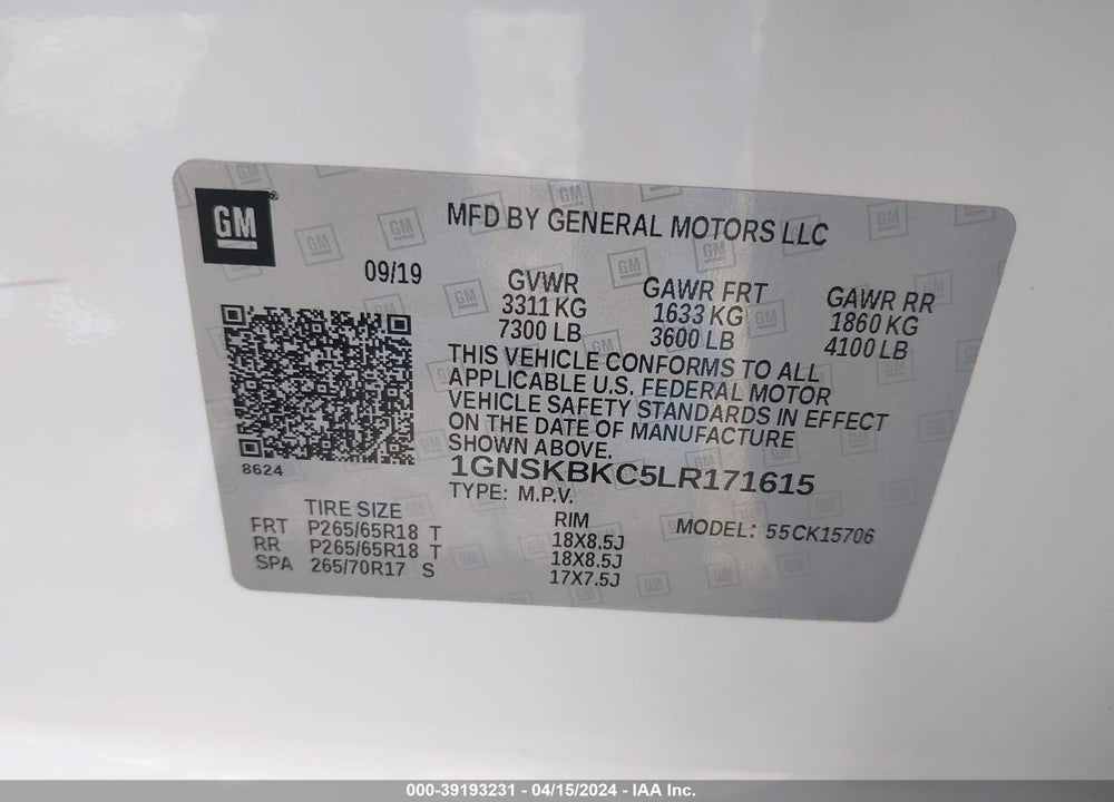 2020 CHEVROLET TAHOE K1500 LT VIN: 1GNSKBKC5LR171615